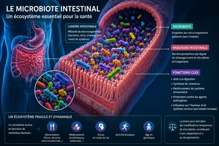 Illustration scientifique du microbiote intestinal montrant l’écosystème de bactéries présentes dans l’intestin humain et leur rôle dans l’équilibre de la flore digestive.